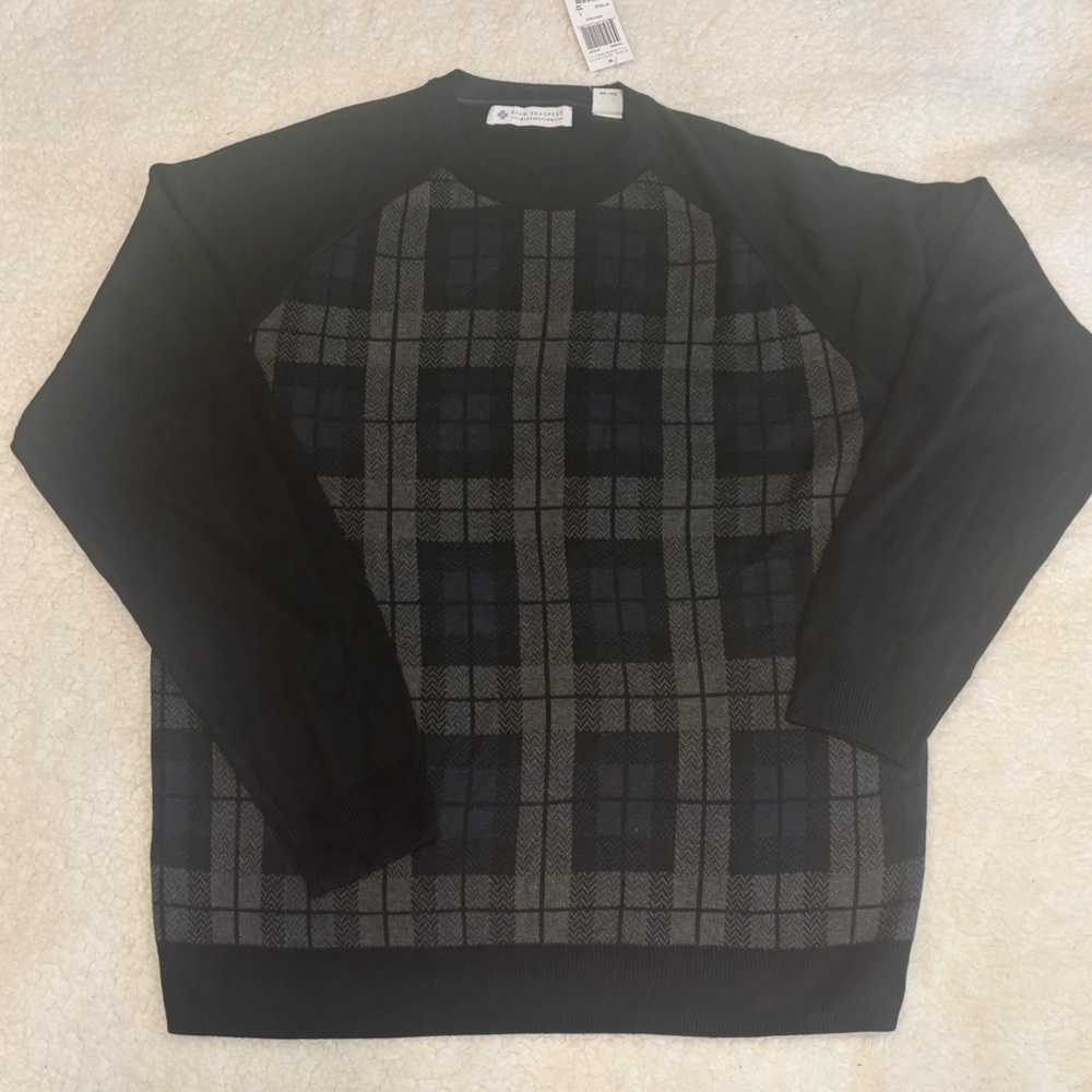 NWT Ryan Seacrest Distinction Jet Black Plaid Sweater Large Modern Knit